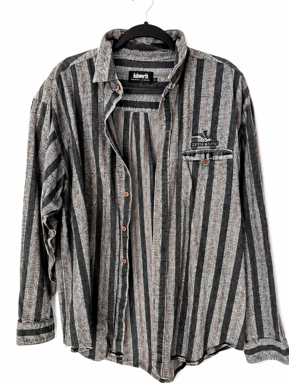 Ashworth Harry Logan Pebble Beach Striped Button Front Shirt Men's Gray Cotton L
